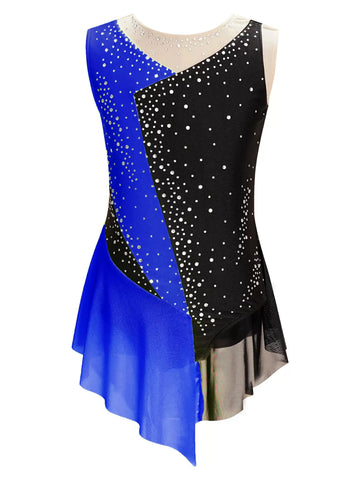 Kids Girls Sleeveless Rhinestone Color Block Gymnastics Leotard