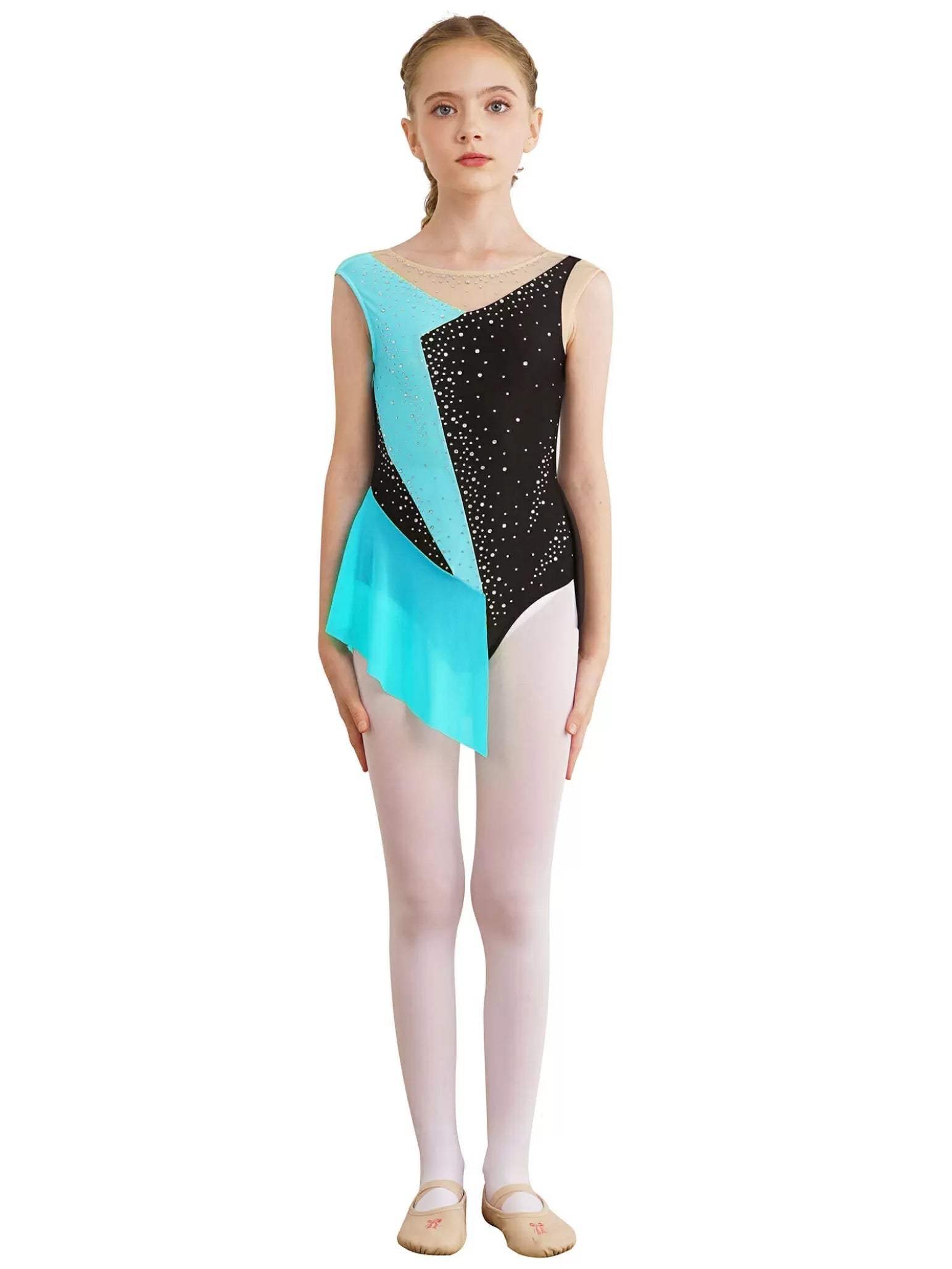 Kids Girls Sleeveless Rhinestone Color Block Gymnastics Leotard