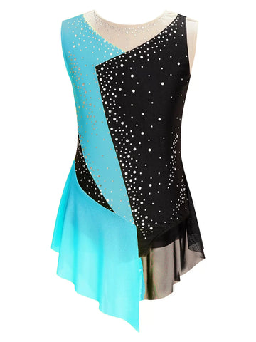 Kids Girls Sleeveless Rhinestone Color Block Gymnastics Leotard