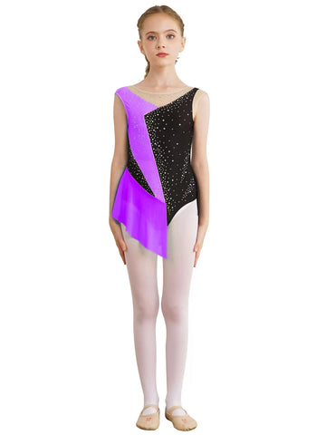 Kids Girls Sleeveless Rhinestone Color Block Gymnastics Leotard