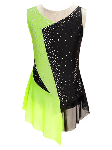 Kids Girls Sleeveless Rhinestone Color Block Gymnastics Leotard