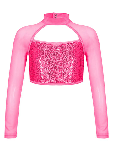 Kids Girls Long Sleeve Hollow Sequin Jazz Dance Top