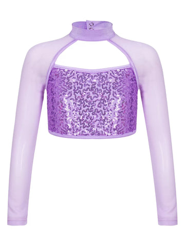 Kids Girls Long Sleeve Hollow Sequin Jazz Dance Top