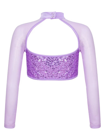 Kids Girls Long Sleeve Hollow Sequin Jazz Dance Top