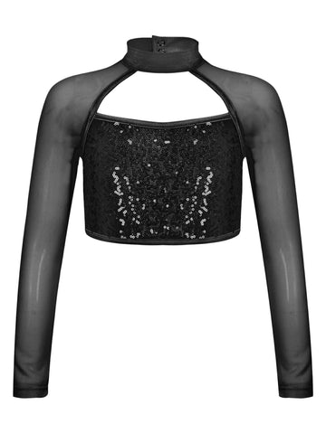 Kids Girls Long Sleeve Hollow Sequin Jazz Dance Top