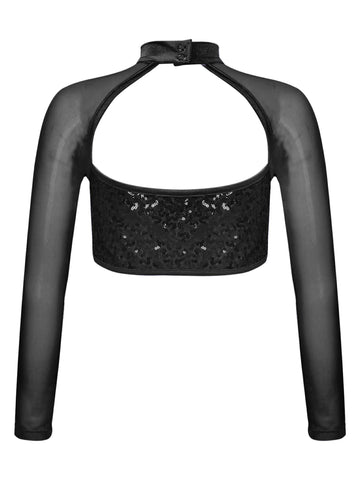 Kids Girls Long Sleeve Hollow Sequin Jazz Dance Top