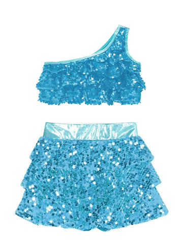 Kid Girls 2pcs Sequin Tiered Ruffles Crop Top and Skirt Jazz Set