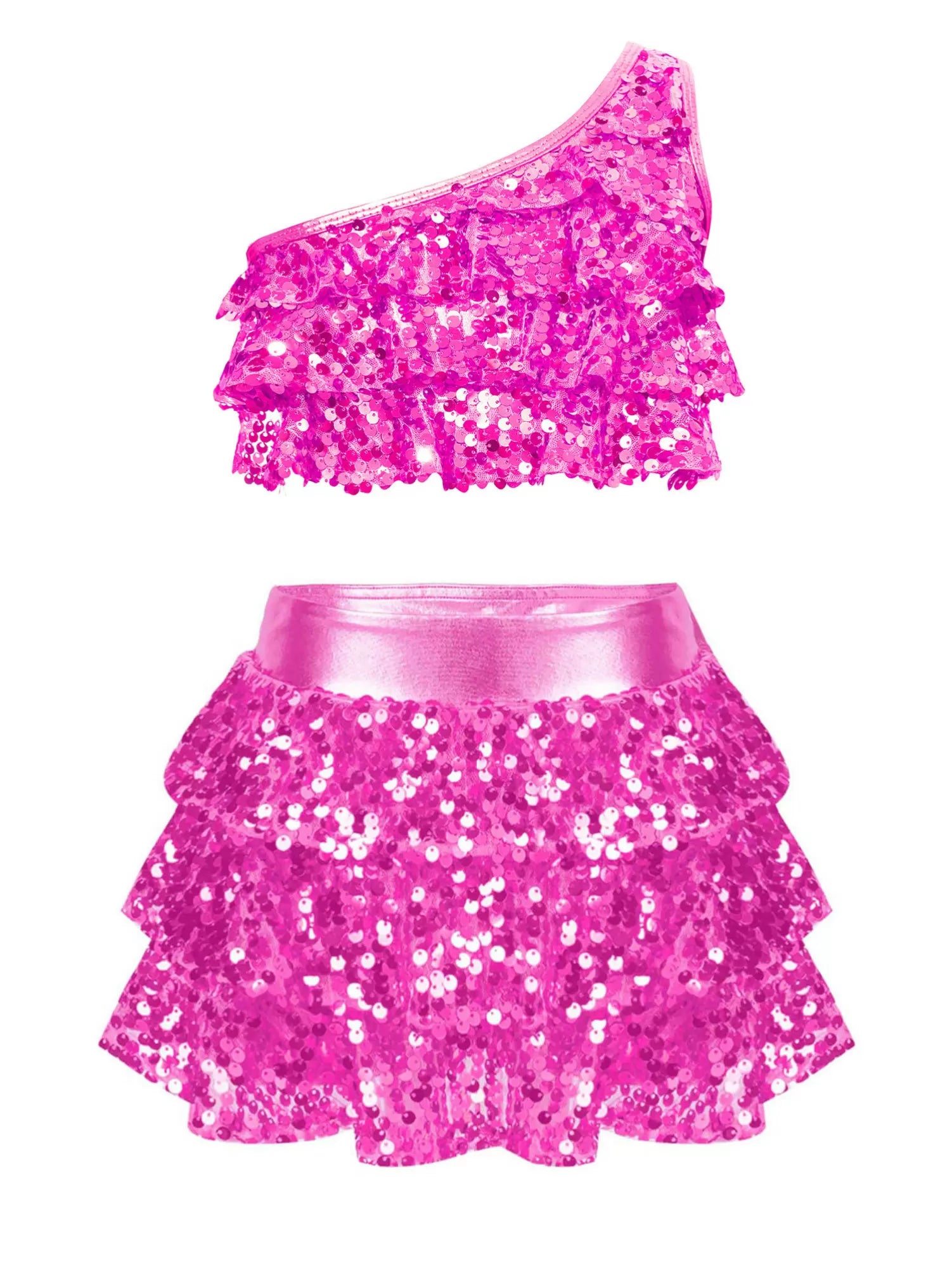 Kid Girls 2pcs Sequin Tiered Ruffles Crop Top and Skirt Jazz Set