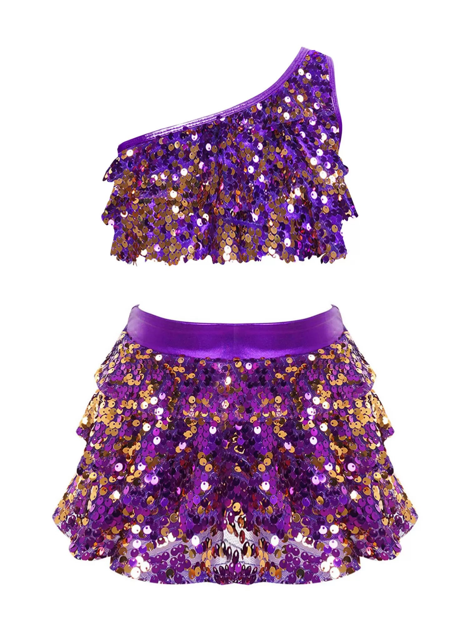 Kid Girls 2pcs Sequin Tiered Ruffles Crop Top and Skirt Jazz Set