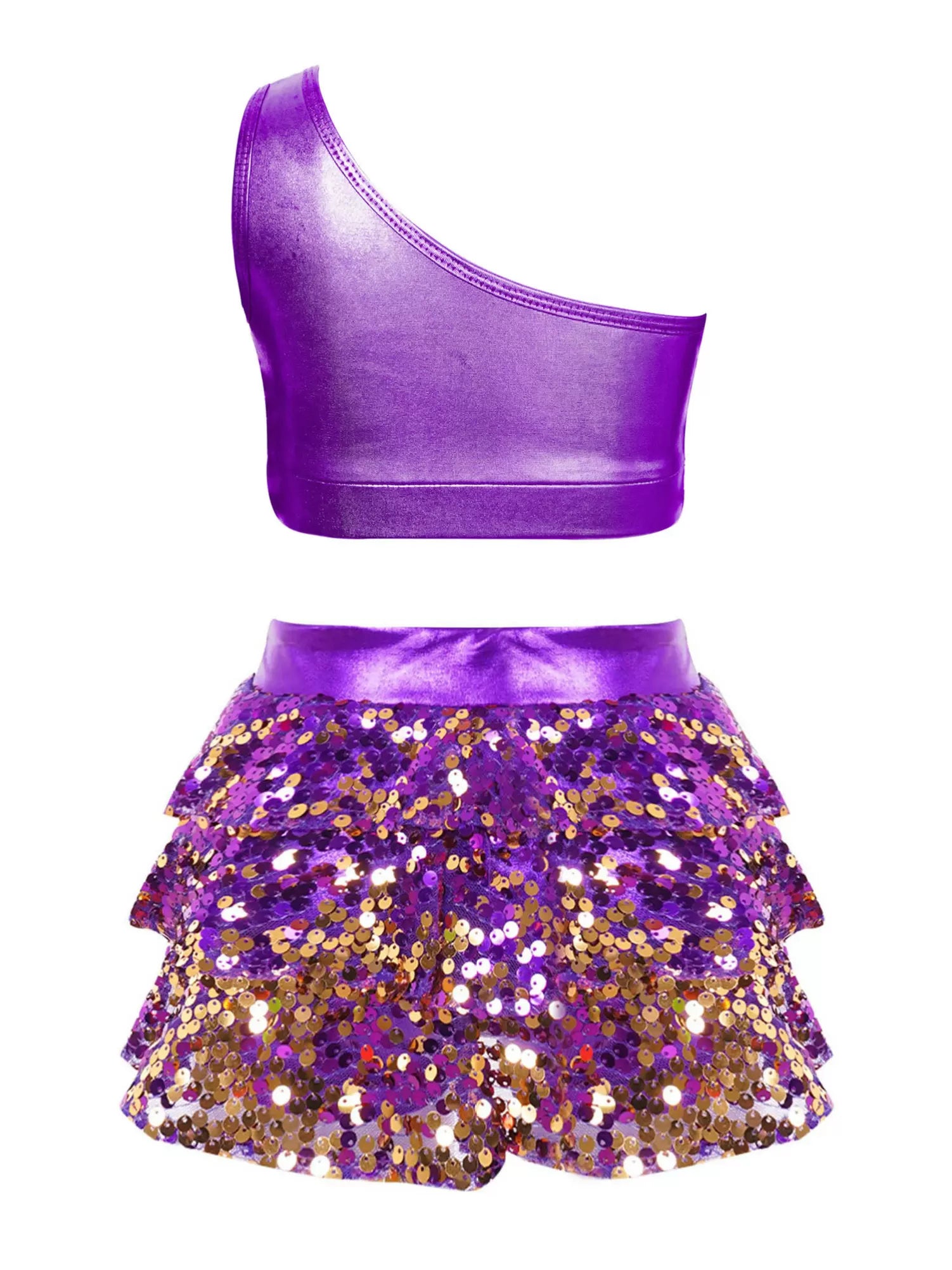 Kid Girls 2pcs Sequin Tiered Ruffles Crop Top and Skirt Jazz Set