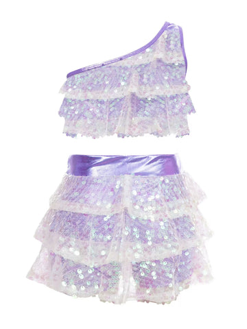 Kid Girls 2pcs Sequin Tiered Ruffles Crop Top and Skirt Jazz Set