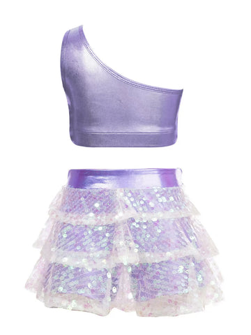 Kid Girls 2pcs Sequin Tiered Ruffles Crop Top and Skirt Jazz Set