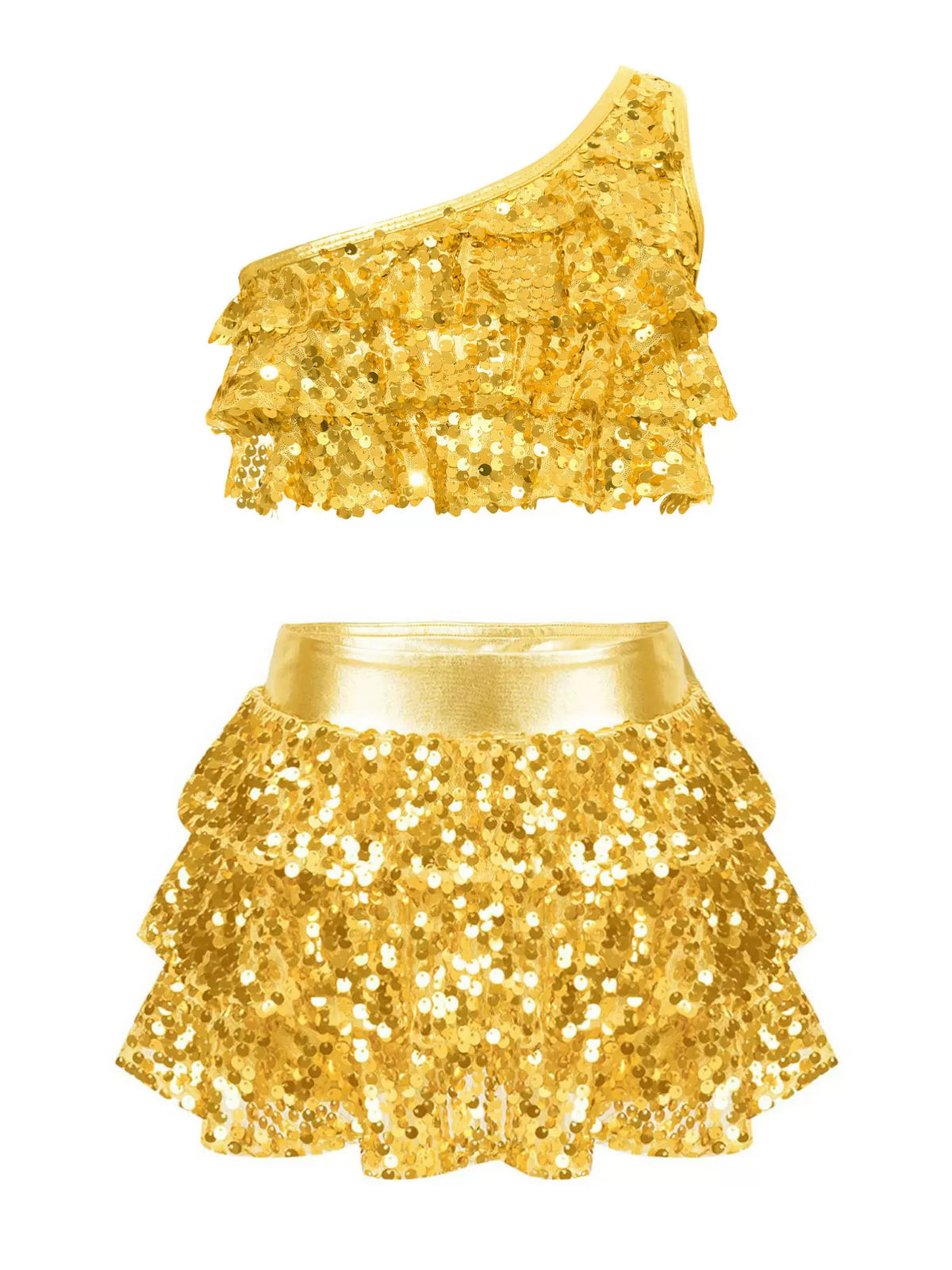 Kid Girls 2pcs Sequin Tiered Ruffles Crop Top and Skirt Jazz Set