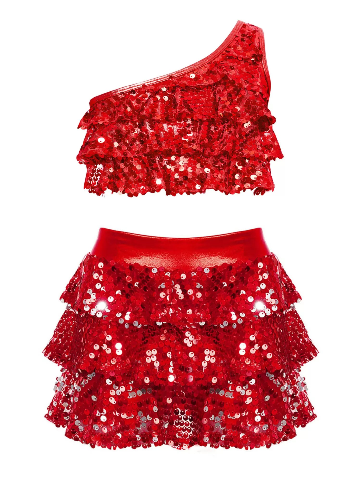 Kid Girls 2pcs Sequin Tiered Ruffles Crop Top and Skirt Jazz Set