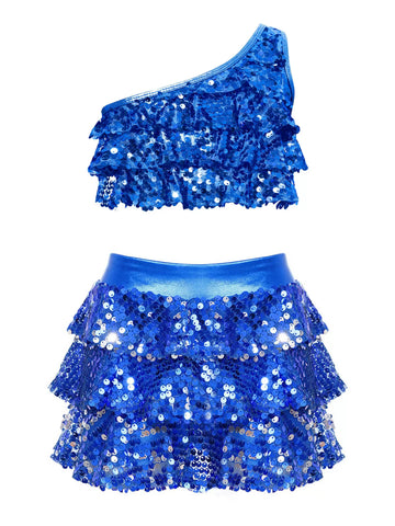 Kid Girls 2pcs Sequin Tiered Ruffles Crop Top and Skirt Jazz Set