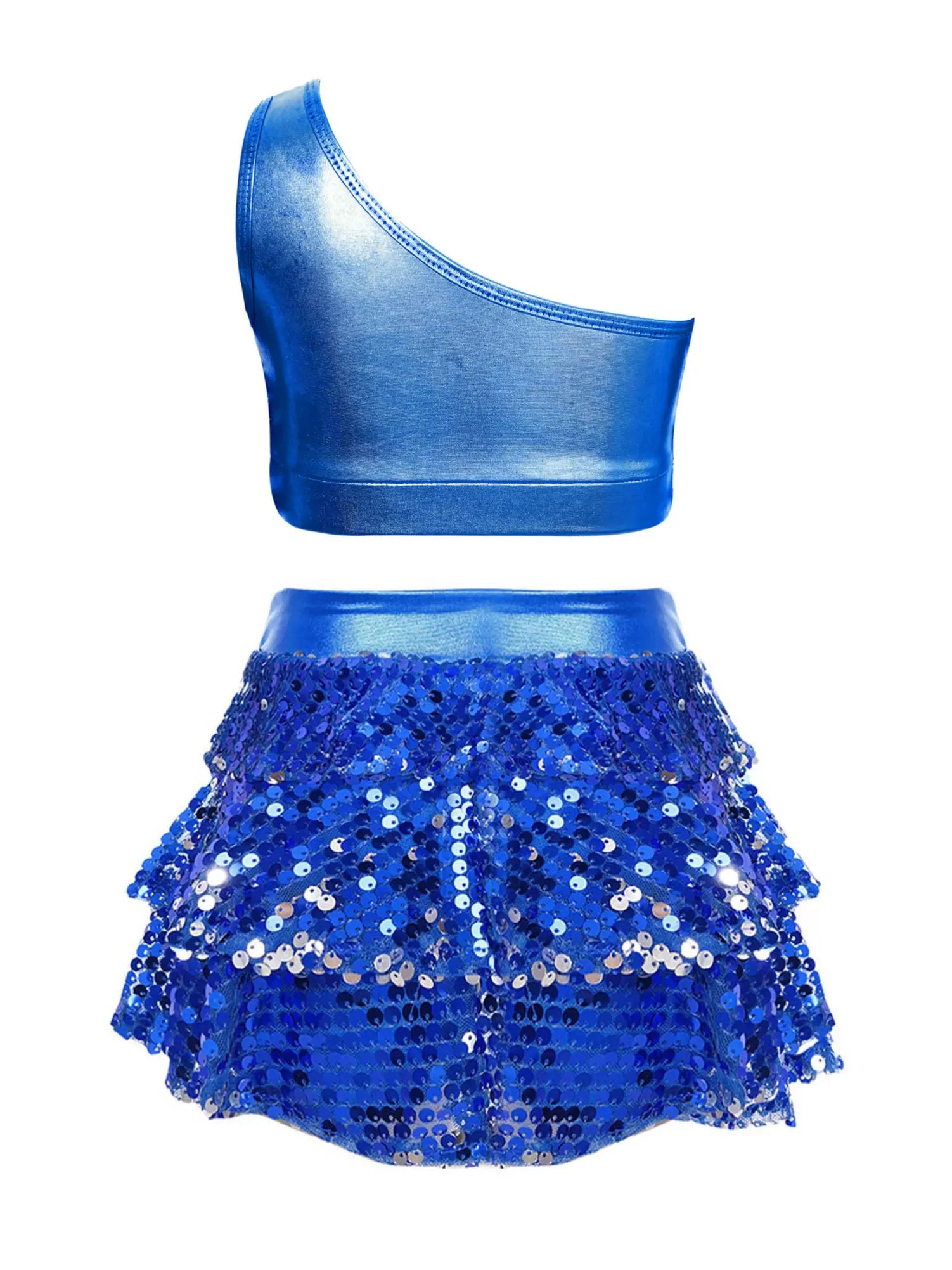 Kid Girls 2pcs Sequin Tiered Ruffles Crop Top and Skirt Jazz Set