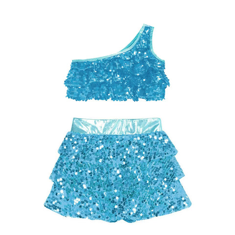 Kid Girls 2pcs Sequin Tiered Ruffles Crop Top and Skirt Jazz Set