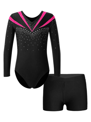 Kids Girls 2pcs Long Sleeve Leotard and Shorts Gymnastics Set