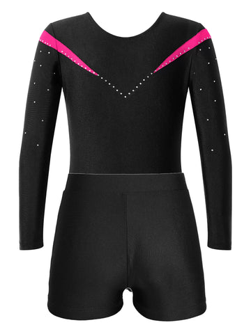 Kids Girls 2pcs Long Sleeve Leotard and Shorts Gymnastics Set