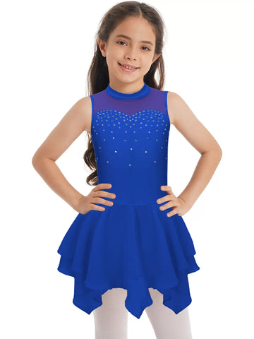 Kids Girls Sleeveless Round Collar Ruffle Skating Leotard Dress