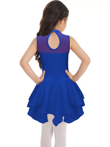 Kids Girls Sleeveless Round Collar Ruffle Skating Leotard Dress