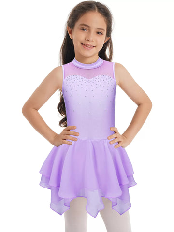 Kids Girls Sleeveless Round Collar Ruffle Skating Leotard Dress