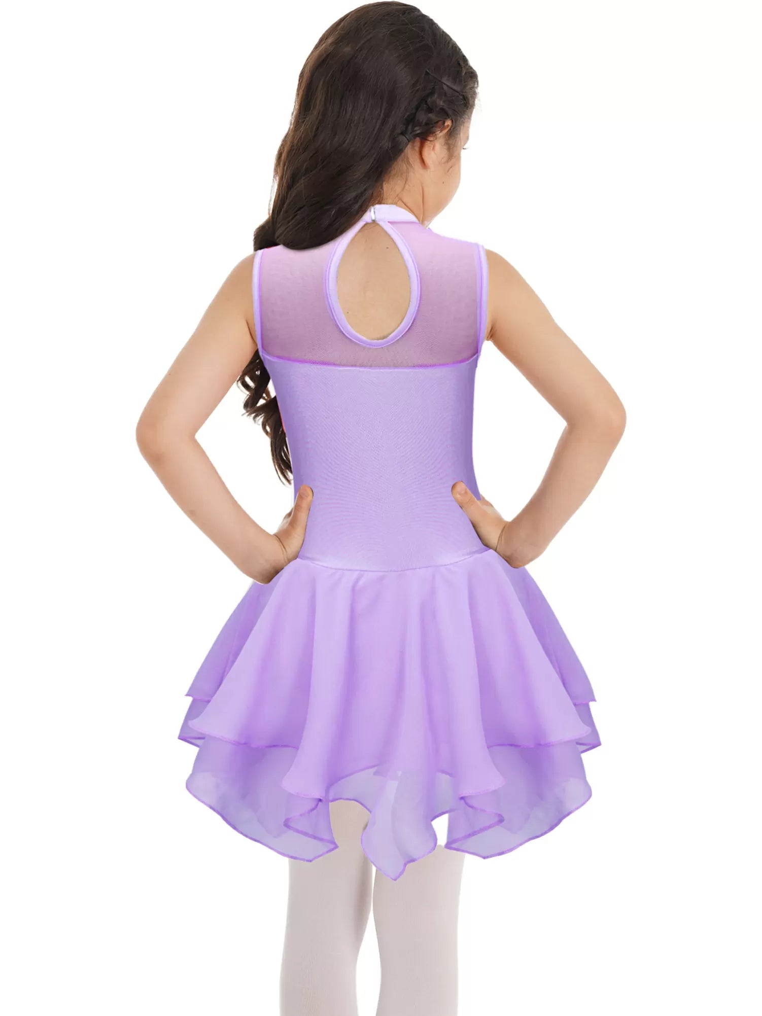 Kids Girls Sleeveless Round Collar Ruffle Skating Leotard Dress