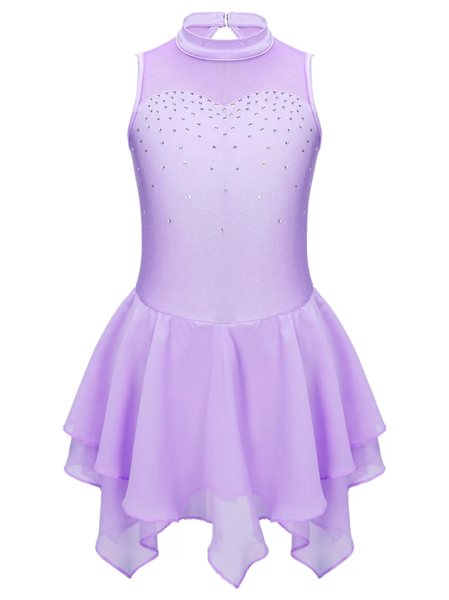 Kids Girls Sleeveless Round Collar Ruffle Skating Leotard Dress