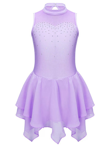 Kids Girls Sleeveless Round Collar Ruffle Skating Leotard Dress