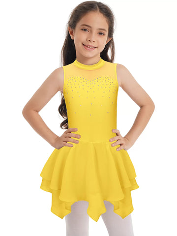 Kids Girls Sleeveless Round Collar Ruffle Skating Leotard Dress