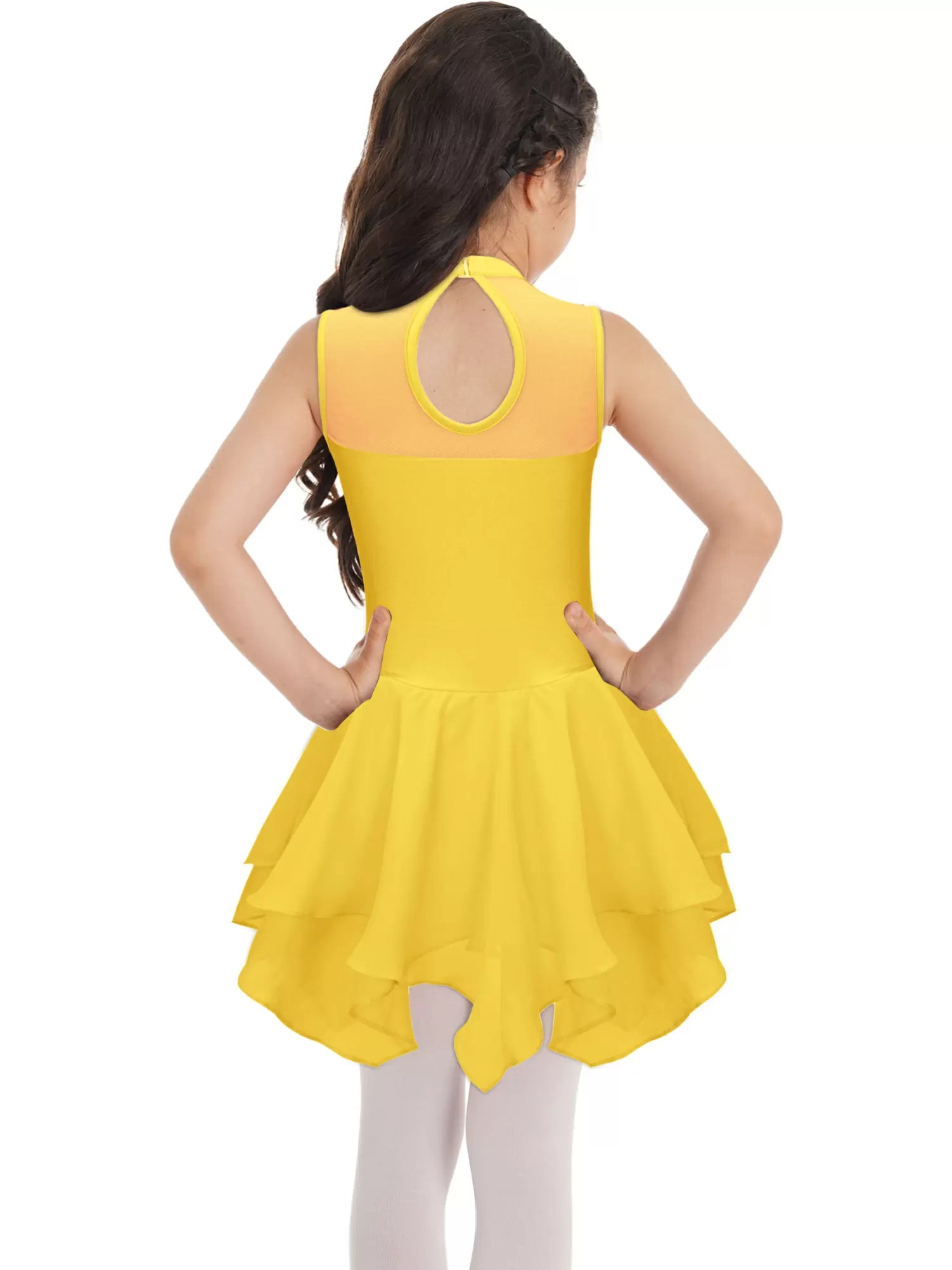 Kids Girls Sleeveless Round Collar Ruffle Skating Leotard Dress