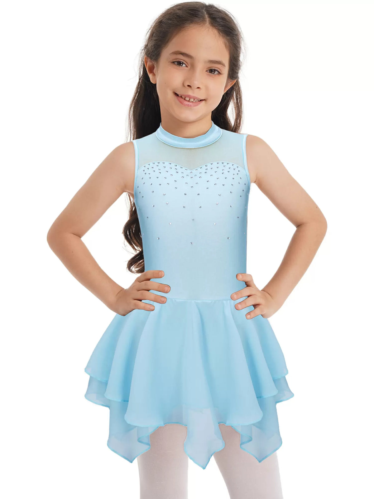 Kids Girls Sleeveless Round Collar Ruffle Skating Leotard Dress