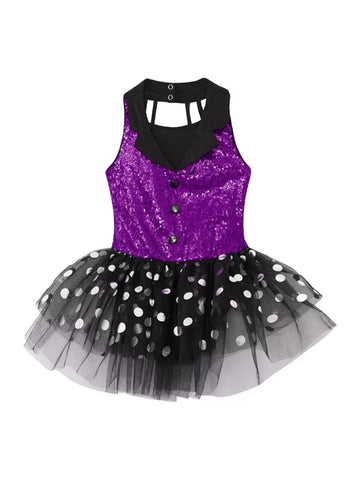 Kids Girls Sleeveless Sequin Polka Dots Ballet Tutu Dress