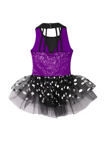 Kids Girls Sleeveless Sequin Polka Dots Ballet Tutu Dress