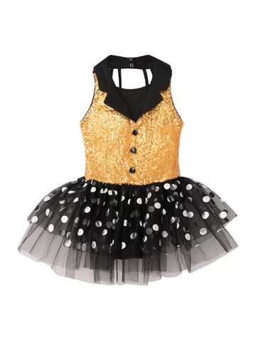 Kids Girls Sleeveless Sequin Polka Dots Ballet Tutu Dress