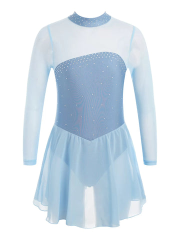 Kids Girls Long Sleeves Mesh Figure Skating Leotard Dress