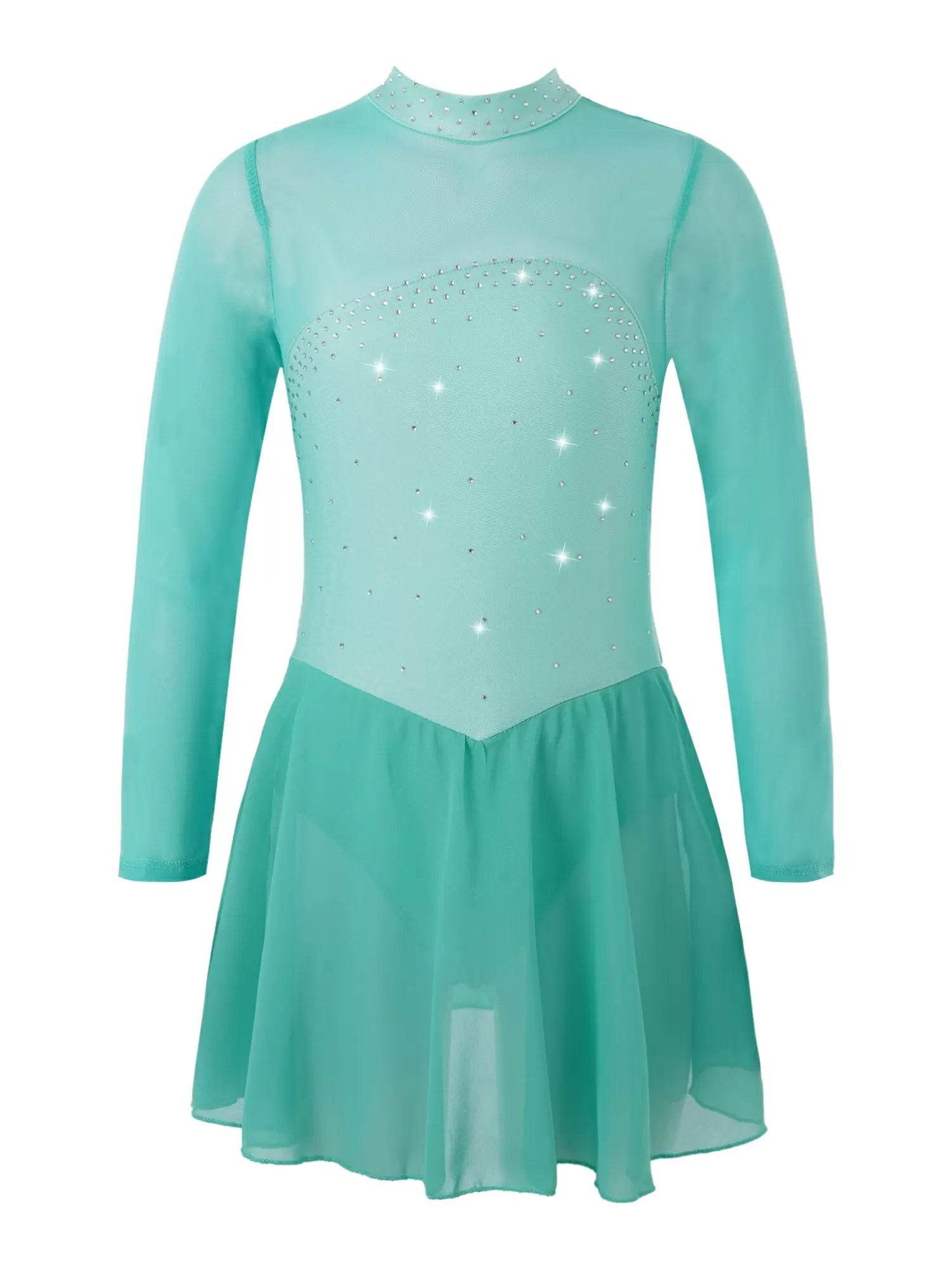 Kids Girls Long Sleeves Mesh Figure Skating Leotard Dress