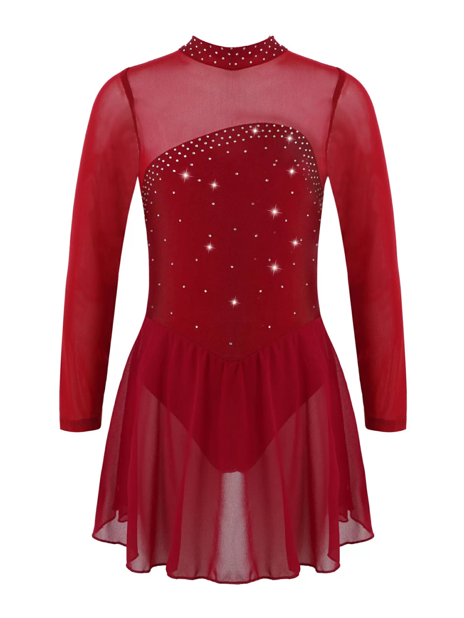 Kids Girls Long Sleeves Mesh Figure Skating Leotard Dress