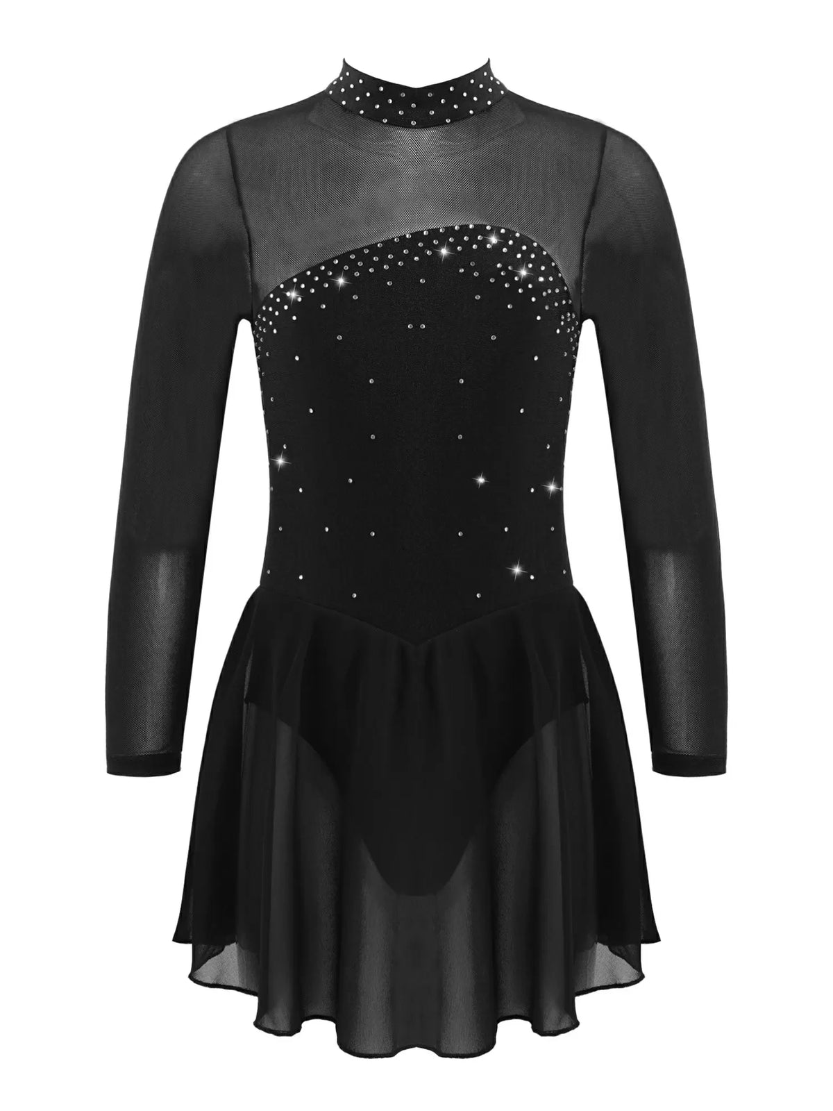 Kids Girls Long Sleeves Mesh Figure Skating Leotard Dress