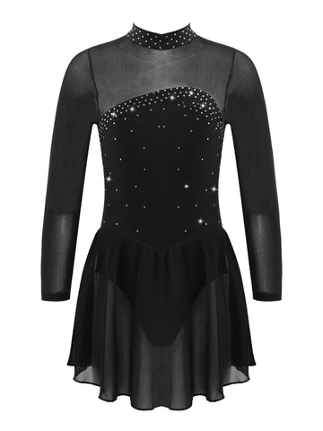 Kids Girls Long Sleeves Mesh Figure Skating Leotard Dress