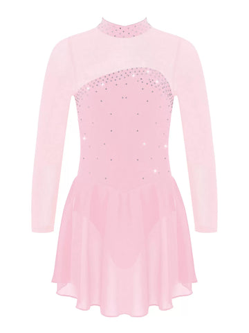 Kids Girls Long Sleeves Mesh Figure Skating Leotard Dress