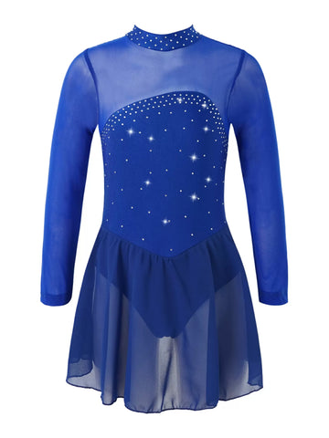 Kids Girls Long Sleeves Mesh Figure Skating Leotard Dress