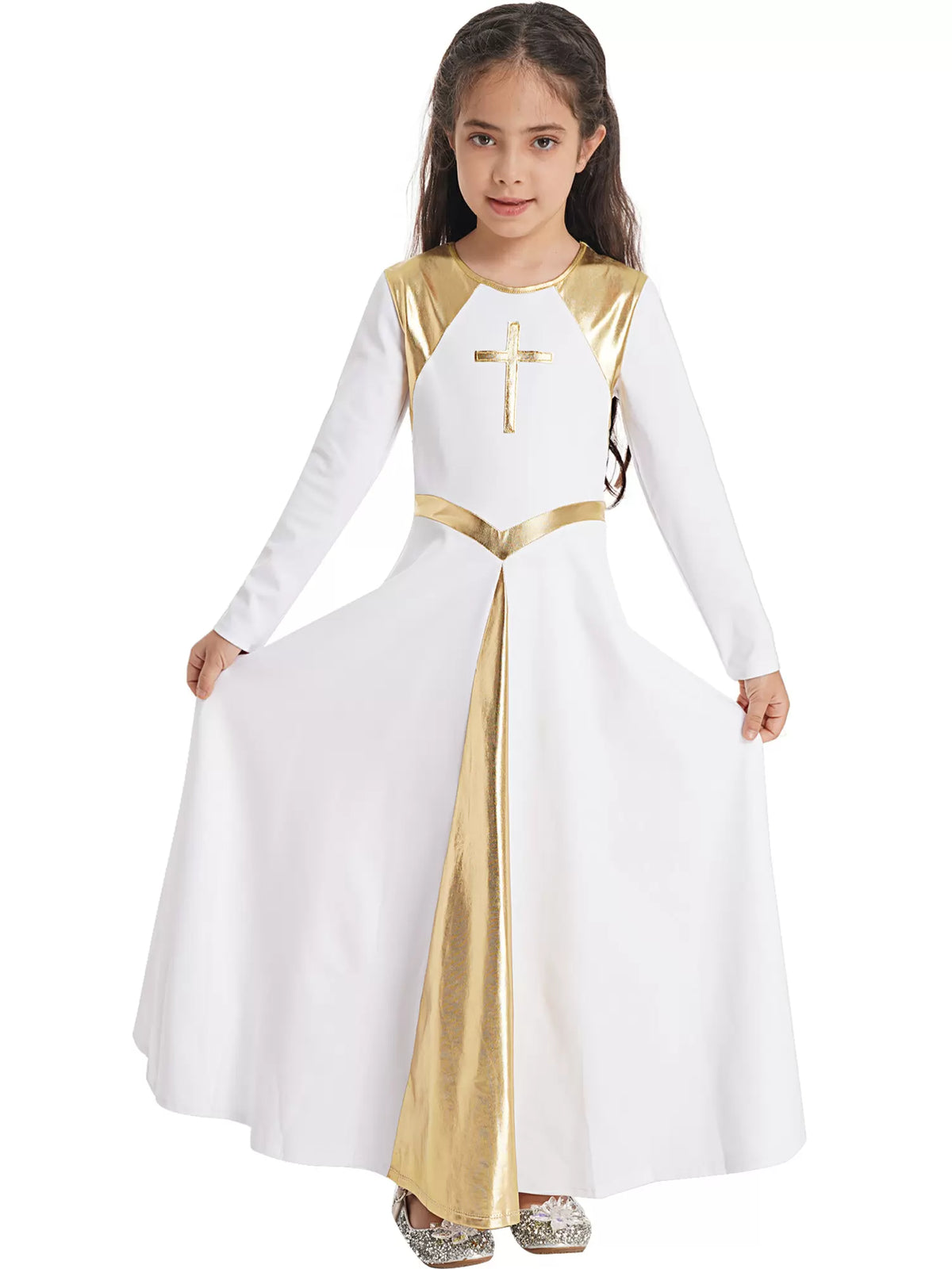 Kids Girls Long Sleeve Cross Print Church Worship Dance Dress