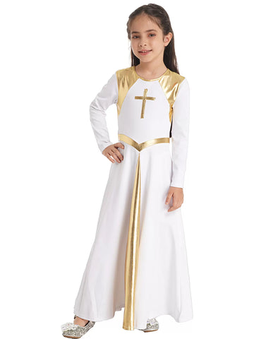 Kids Girls Long Sleeve Cross Print Church Worship Dance Dress