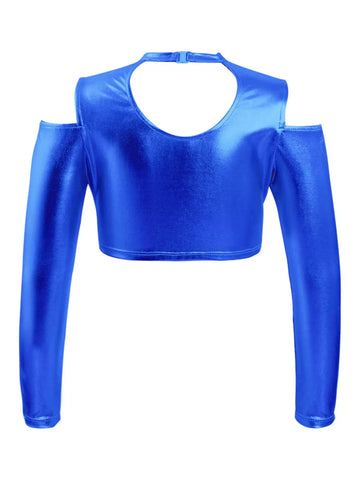 Kids Girls Cold Shoulder Long Sleeves Metallic Jazz Crop Top