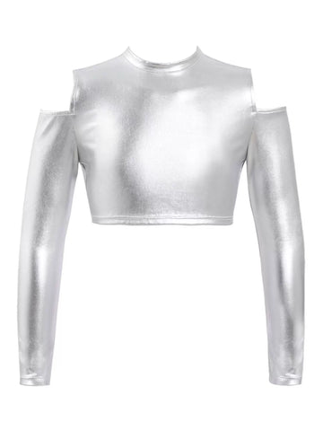 Kids Girls Cold Shoulder Long Sleeves Metallic Jazz Crop Top