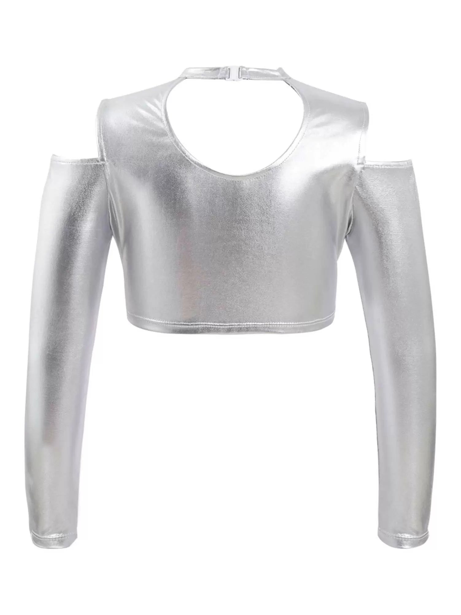 Kids Girls Cold Shoulder Long Sleeves Metallic Jazz Crop Top