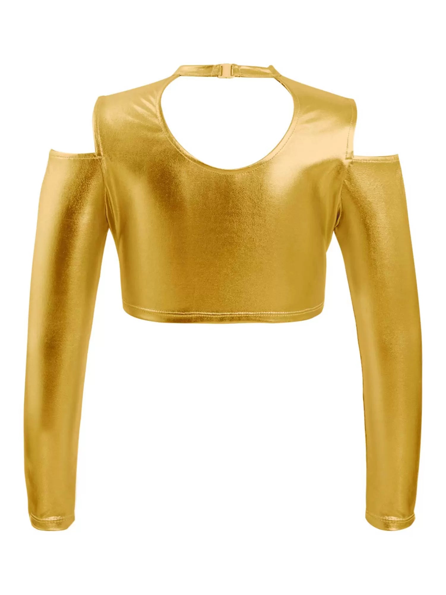 Kids Girls Cold Shoulder Long Sleeves Metallic Jazz Crop Top