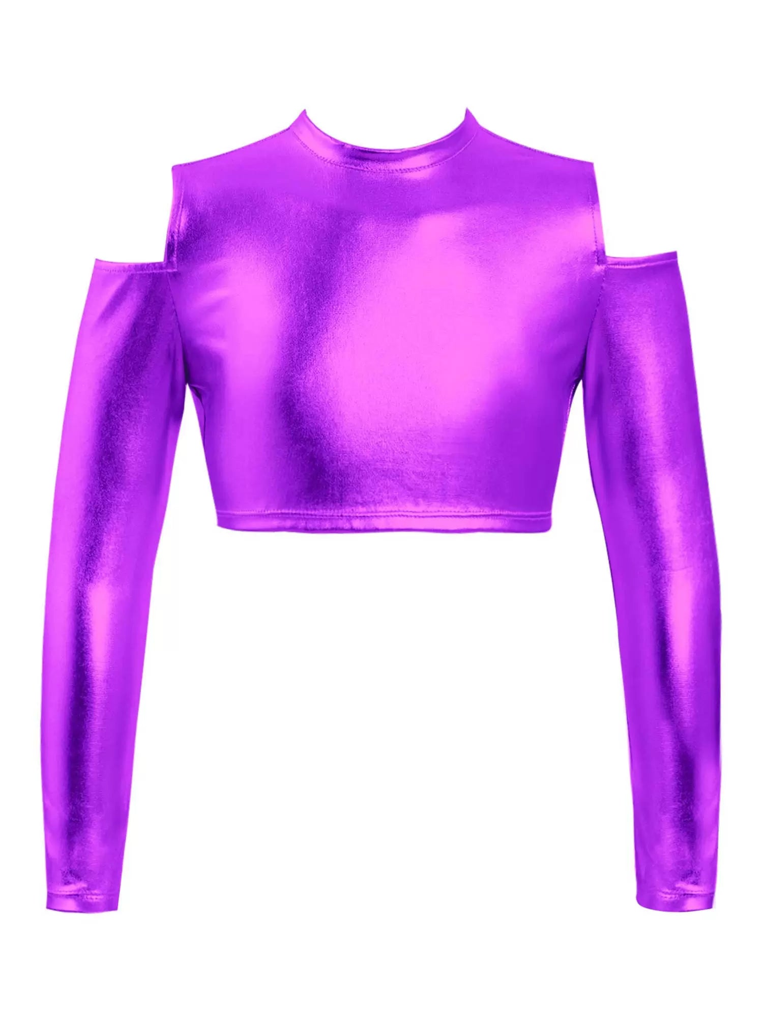 Kids Girls Cold Shoulder Long Sleeves Metallic Jazz Crop Top