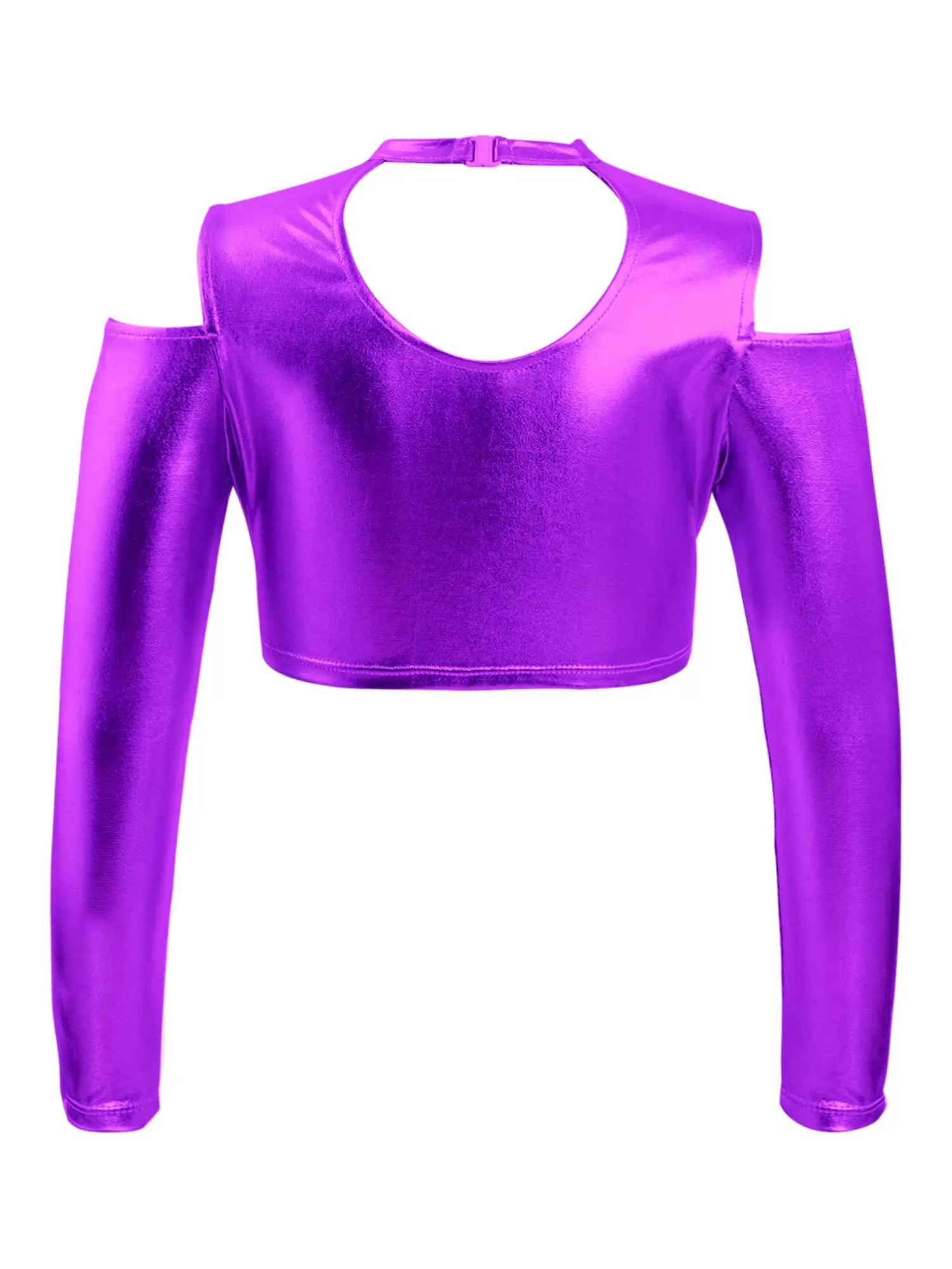 Kids Girls Cold Shoulder Long Sleeves Metallic Jazz Crop Top